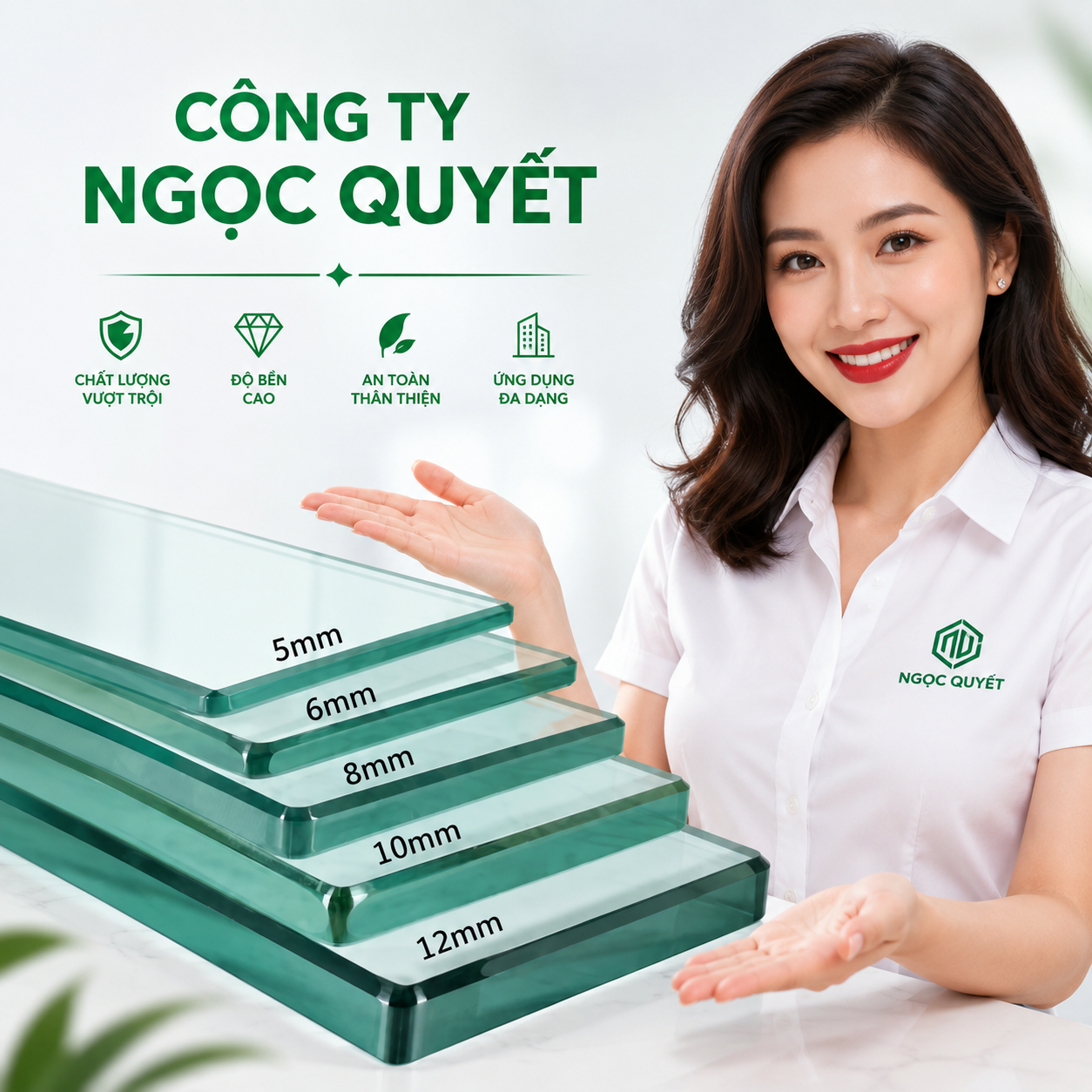 Kính cường lực Ngọc Quyết nhiều độ dày từ 5mm đến 12mm với nhân viên giới thiệu sản phẩm